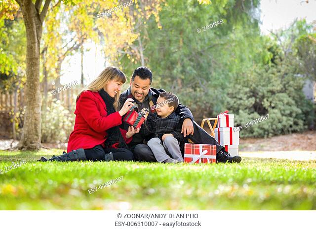 Mixed Race Family Enjoying Christmas Gifts in the Park Together