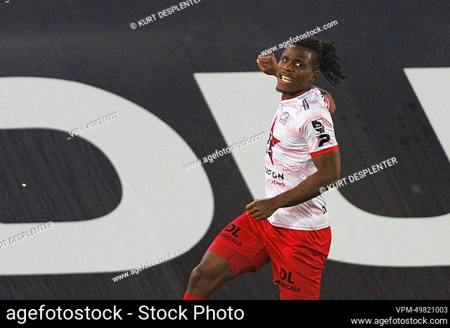 Essevee's Offor Chinonso celebrates after scoring during a soccer match between SV Zulte Waregem and KAS Eupen, Saturday 12 November 2022 in Waregem