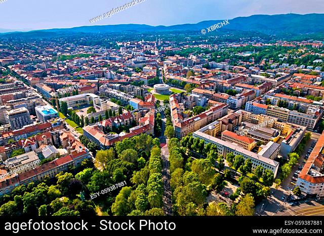 Zagreb aerial. The Mestrovic pavillion and town of Zagreb aerial view. Capital of Croatia