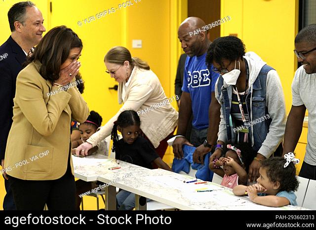 United States Vice President Kamala Harris greets children at the art class as she with second gentleman Doug Emhoff visits the National Museum of African...