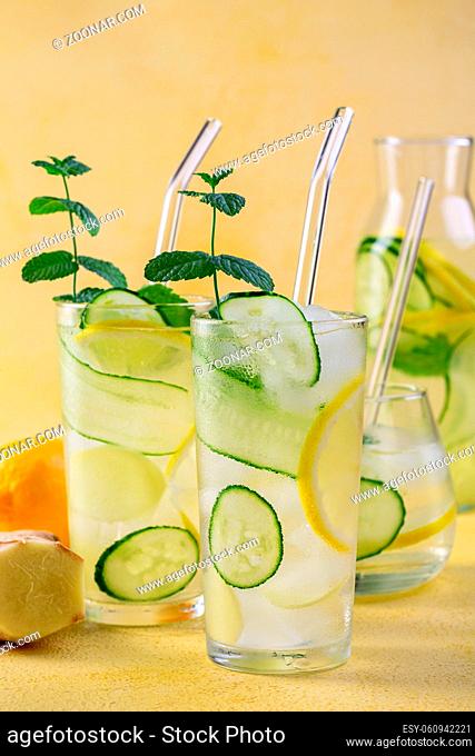 Sassy water. Fresh cool water with cucumber, lemon, ginger and mint. Detox and weight loss