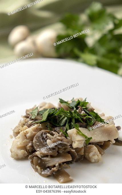 fillet of perch with champignon mushrooms and parsley on white plate