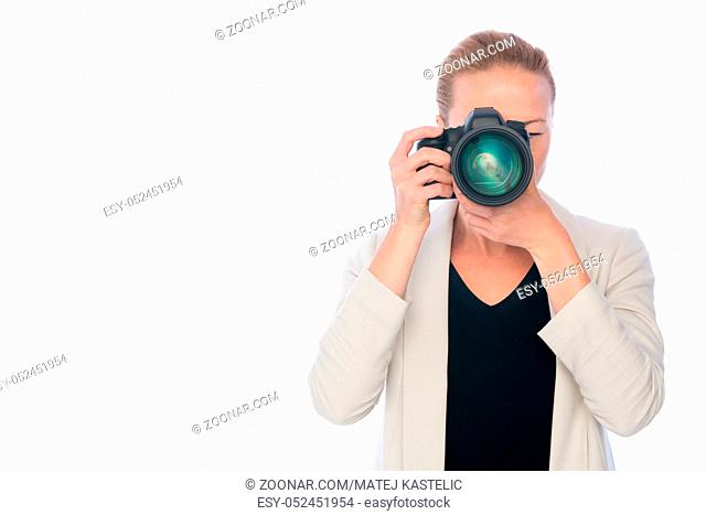 Woman photographer takeing images with dslr camera isolated on white background