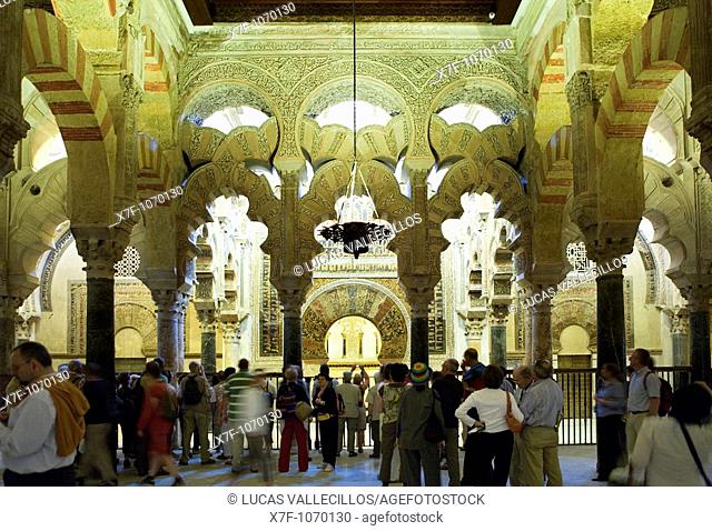Cordoba Andalusia  Spain: Interior of Mosque-Cathedral Zone of the mosque in the gibla, with the mihrab in the center Al-Hakam II' s architectural amplification...