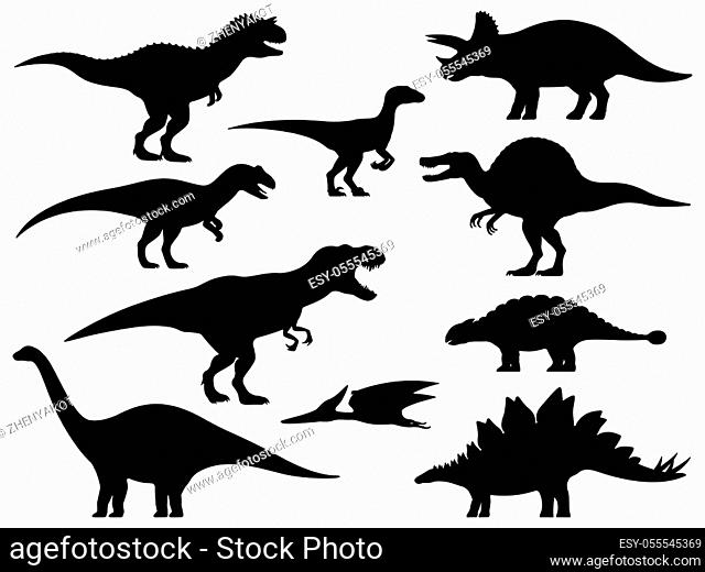 Dinosaur silhouette. Icon Jurassic Monsters T-rex Stegosaurus Triceratops Pterodactyl Spinosaurus Apatosaurus Allosaurus Carnotaurus Ankylosaurus Velociraptor