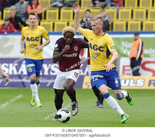 Tiemoko Konate of Sparta, left, and Petr Kodes of Teplice in action during the Czech football league soccer match FK Teplice vs AC Sparta Praha in Teplice