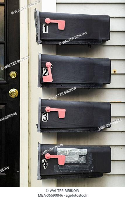 USA, Massachusetts, Cape Ann, Gloucester, four mail boxes