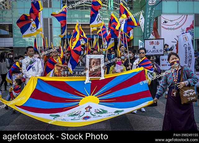 Tibetans and Taiwanese who support Tibetan freedom protest on the streets of Taipei, Taiwan on 05/03/2023 on the 64th anniversary of the uprising in Tibet