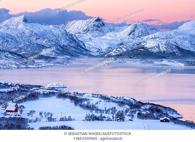 Buksnesfjorden seen from Lattershaugen near Leknes, Lofoten, Nordland, Norway, Europe