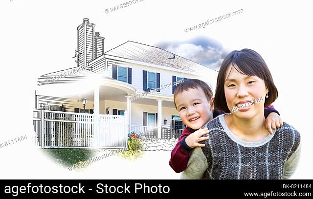 Chinese mother and mixed-race child in front of house drawing on white