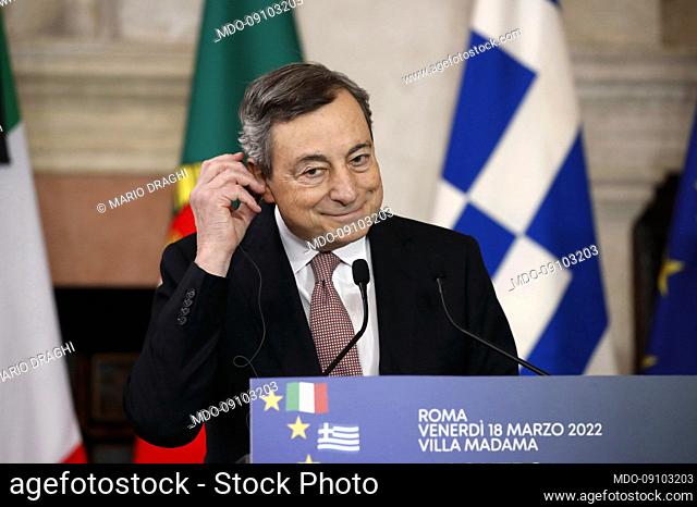 Italian Prime Minister Mario Draghi during the meeting between Italy, Greece, Portugal and Spain at Villa Madama. Rome (Italy), March 18th, 2022