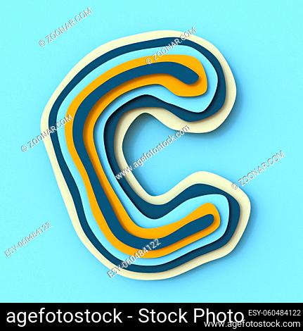 Colorful paper layers font Letter C 3D render illustration isolated on blue background