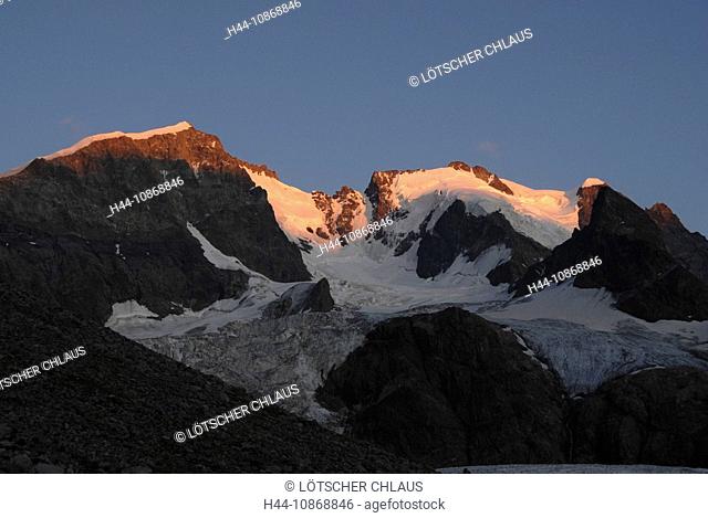 Switzerland, Graubünden, Grisons, Piz Bernina, 4048 ms, Bianco burr, Piz Scerscen, 3971 ms, Engadin, mountains, glaciers, sundown