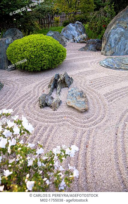 Zen Garden at Japanese Gardens in Larvotto, Principality of Monaco, Europe