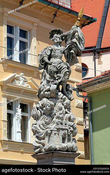 Saint Florian statue on the central square in Ptuj, town on the Drava River banks, Lower Styria Region, Slovenia