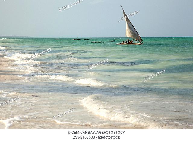 Tourists sailing out with the dhow, Paje, Zanzibar Island, Zanzibar Archipelago, Tanzania, East Africa