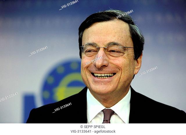 Germany, Frankfurt, 04.04.2012 Mario Draghi, president of the European Central Bank (ECB), during the press conference. - FRANKFURT, GERMANY, 04/04/2012