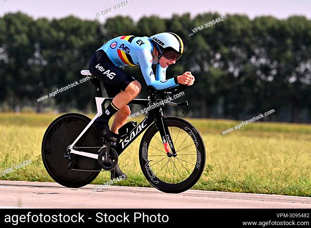 Belgian junior Jonathan Vervenne pictured in action during the junior men time trial race, 22, 3 km from Knokke to Brugge