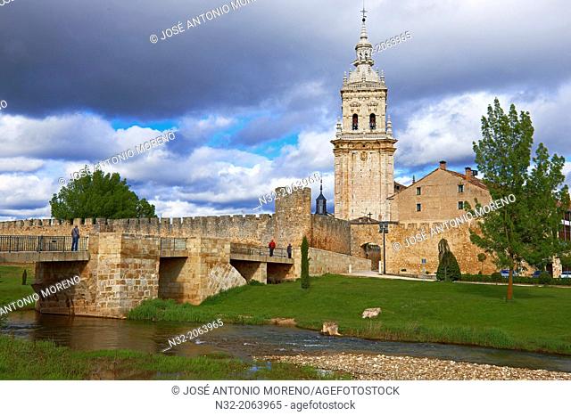 Bell tower of cathedral and city walls,  Burgo de Osma-Ciudad de Osma, Soria province, Castilla Leon, Spain