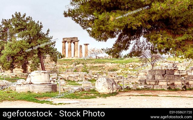 Landscape witrh temple of Apollo in Ancient Corinth, Greece