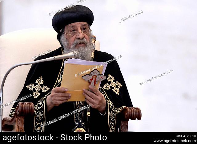 Vatican City, Vatican , 10 May 2023. The Coptic Orthodox patriarch of Alexandria, Pope Tawadros II, speaks during the general audience in St