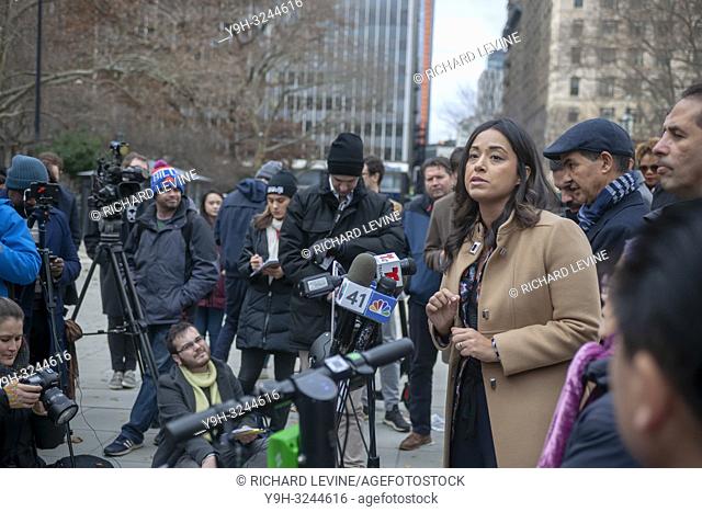 New York City Council Member Carlina Rivera, right, with other Council Members and transportation supporters at a news conference on Wednesday, November 28