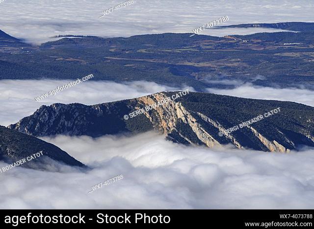 Sant Alís summit views in a winter morning on Montsec over a sea of clouds (Lleida province, Catalonia, Spain, Pyrenees)