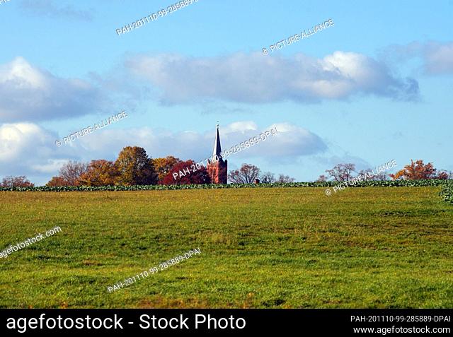 04 November 2020, Brandenburg, Perleberg/Ot Groß Linde: The top of the church tower in Groß Linde can be seen behind a willow and next to autumnally leafy trees