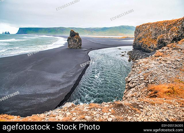 Reynisfjara Black Beach, Iceland. Rocks and vegetation in autumn season