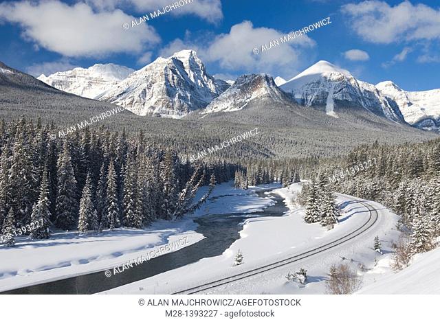 The Bow River and Peaks of the Bow Range in winter, Banff National Park Alberta Canada