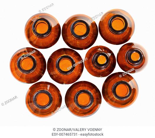 top view of many small open brown glass bottles