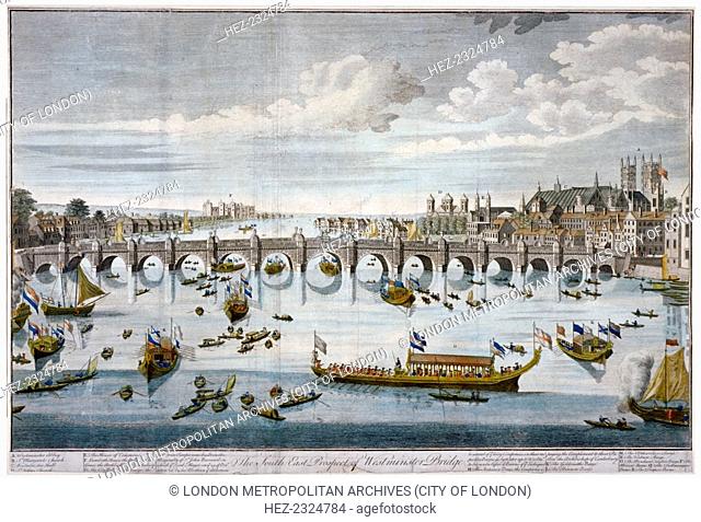 North prospect of Westminster Bridge, London, c1750. View with vessels and passengers on the River Thames. Also including a key to the buildings and the vessels