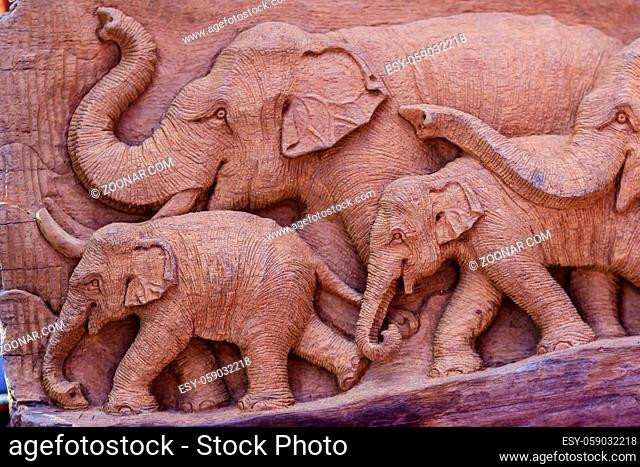Beautiful Wood carving of elephant family. Antique Art Handmade Furniture which Carvings Elephant Family in The Wood. Elephant wooden crafted for sale in the...