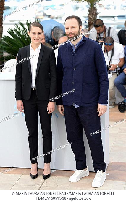 The actress Ariane Labed with the director Yorgos Lanthimos during the photocall of film ' The lobster ' at the 68th Cannes film festival, Cannes