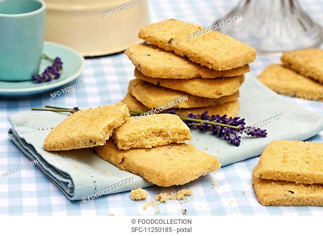 Lavender shortbread biscuits on a light blue napkin