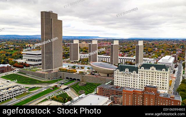 Its a crisp cold day in Albany New York downtown at the statehouse and Empire Plaza