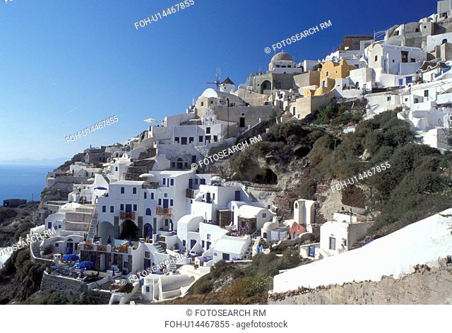 Santorini, Greek Islands, Oia, Cyclades, Greece, Europe, Village of Oia on the steep hillside of Santorini Island on the Aegean Sea