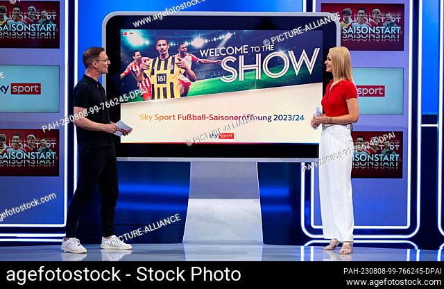 08 August 2023, Bavaria, Unterföhring: Britta Hofmann, Sky presenter, and Mario Nauen, Sky's head of soccer, take part in a press event for the 2023/24...