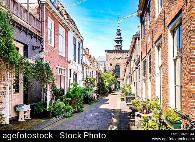 Haarlem, The Netherlands - May 31, 2019: Cozy green little street with lots of pots and plants in Haarlem with the Nieuwe kerk in the background