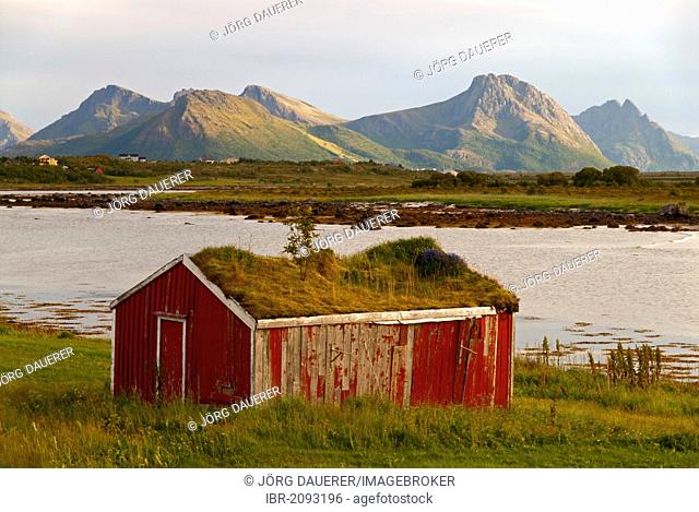 A hut with a grass roof in front of the peaks of the island of Langøya, Langoya, part of the Vesterålen, Vesteralen archipelago, Nordland, Norway, Europe