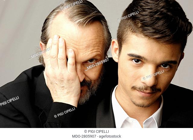 The rapper Moreno (Moreno Donadoni) and the actor and singer-songwriter Miguel Bosé (Luis Miguel GonzÃ¡lez) posing at Helios studios where the talent show Amici...
