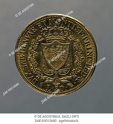 Gold 80-lire of Charles Felix of Savoy, 1825, reverse. Kingdom of Sardinia, 19th century.  Padova, Musei Civici Eremitani, Palazzo Zuckermann