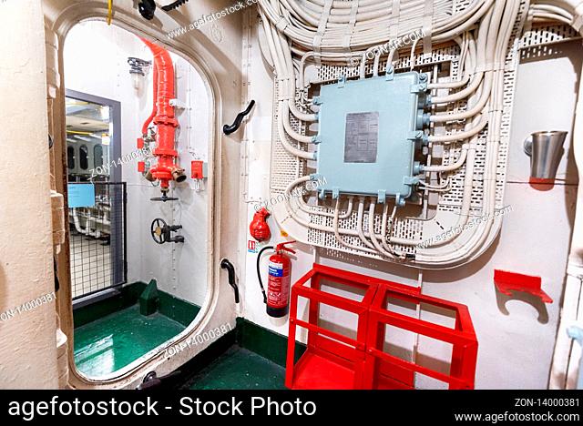 London, United Kingdom - May 13, 2019: HMS Belfast warship museum interior, saw action during the second world war, is now permanently moored as a museum ship...