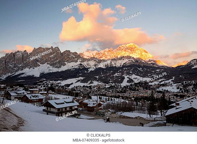 Cortina d'Ampezzo at sunset, Dolomites, Belluno province, Veneto, Italy