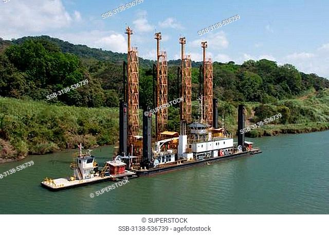 High angle view of a drilling barge in a canal, Gaillard Cut, Panama Canal, Panama