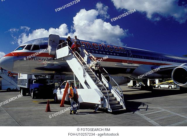 plane, St. Thomas, U.S. Virgin Islands, Caribbean, USVI, American Airlines Jet unloading passengers at the gate at Cycil E