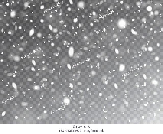 Realistic falling snow. Snow background. Frost storm, snowfall effect. Christmas background with snow on transparent background. Vector illustration
