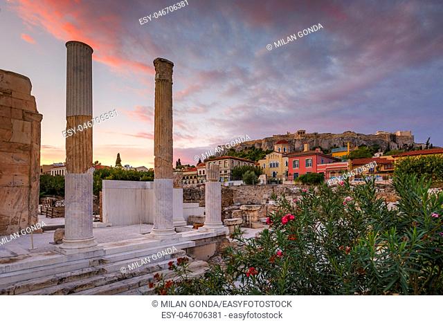Remains of Hadrian's Library and Acropolis in the old town of Athens, Greece.