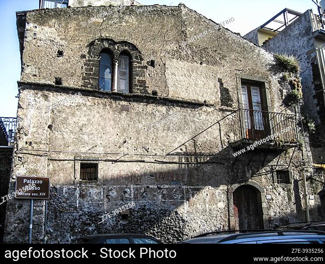Russo Palace (Palazzo Russo), mullioned window 14th century. Randazzo, Metropolitan City of Catania, Sicily, Italy