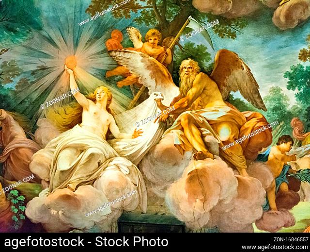 Rome, Italy - Oct 05, 2018: Painting on the ceiling of the Borghese Gallery, Rome